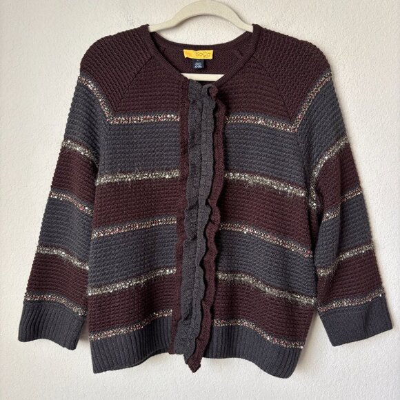 St. John Sweaters - SoCa St. John Luxury Wool Silk Cashmere Striped Ruffle Cardigan Sweater